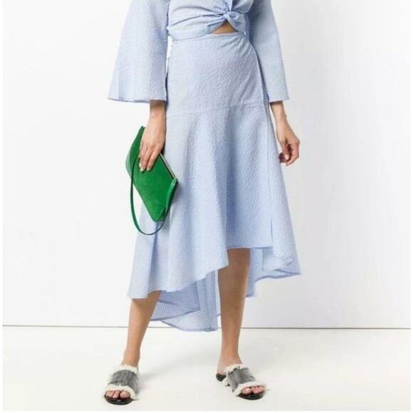 NWT GANNI Charron Asymmetric Wrap Midi Skirt Light Blue Gingham Size 4 - Picture 2 of 12